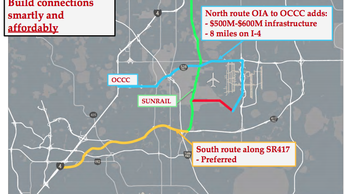 The two alignments that Virgin Trains USA is proposing for its route out of Orlando to Tampa. One (in blue) goes to the Orange County Convention Center, but would cost an additional $500 million to $600 million.