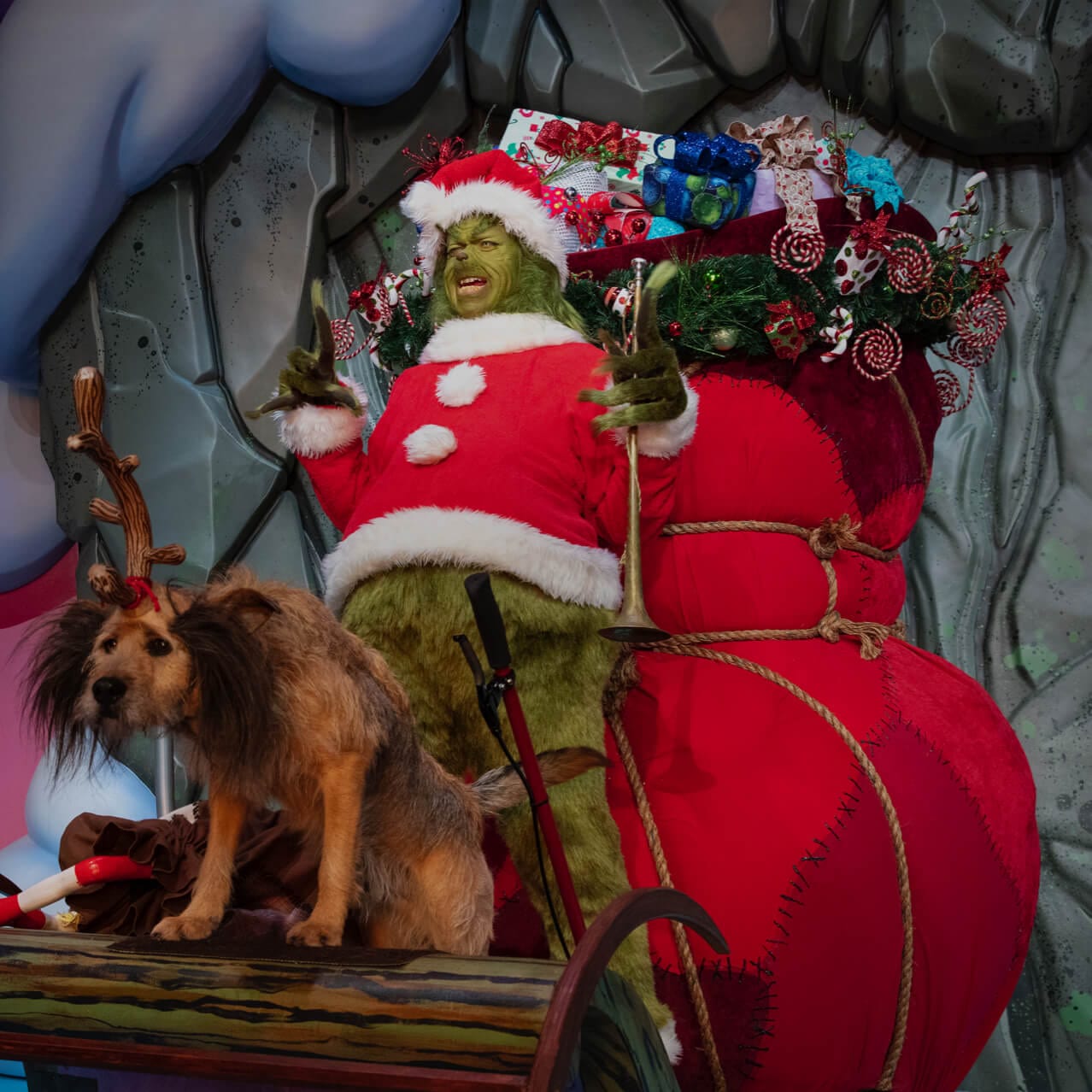 The Grinch stands in his sleigh full of presents while Max the dog wearing reindeer antlers sits at the helm in Universal Orlando's Grinchmas Who-liday Spectacular.