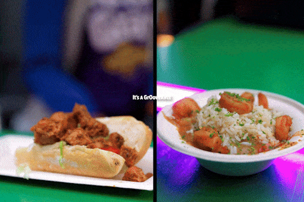 Universal Mardi Gras gif showing off food, parade, and entertainers